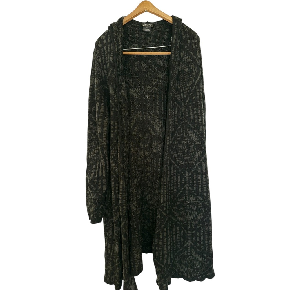 City Chic Women's Sweater Duster Gray/Black Size M (18) | Roomy Fit | 37" Length